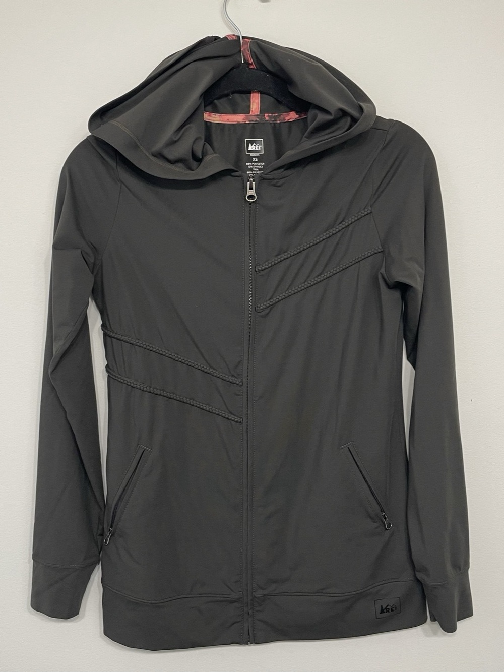 REI Women’s Full Zip Hoodie Charcoal Braided Trim XS